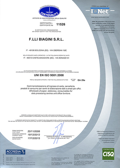 Certificazione Biagini ISO 9001